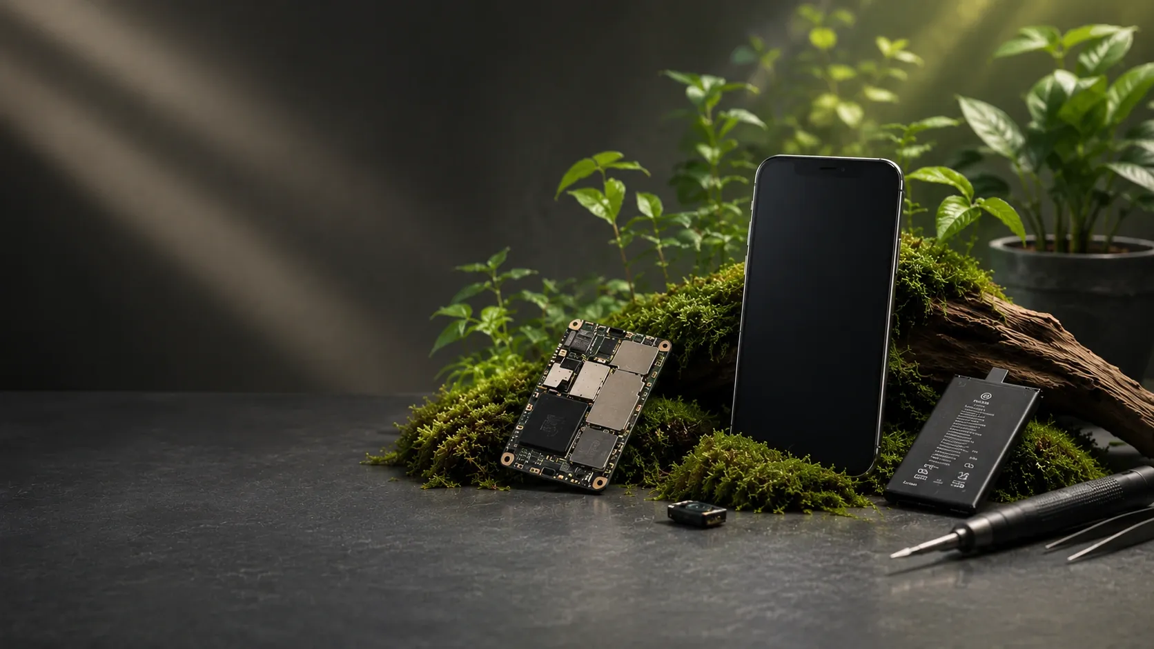 Smartphone, Hauptplatine, Akku und Werkzeug auf Moos vor dunklem Grund (Symbolbild)