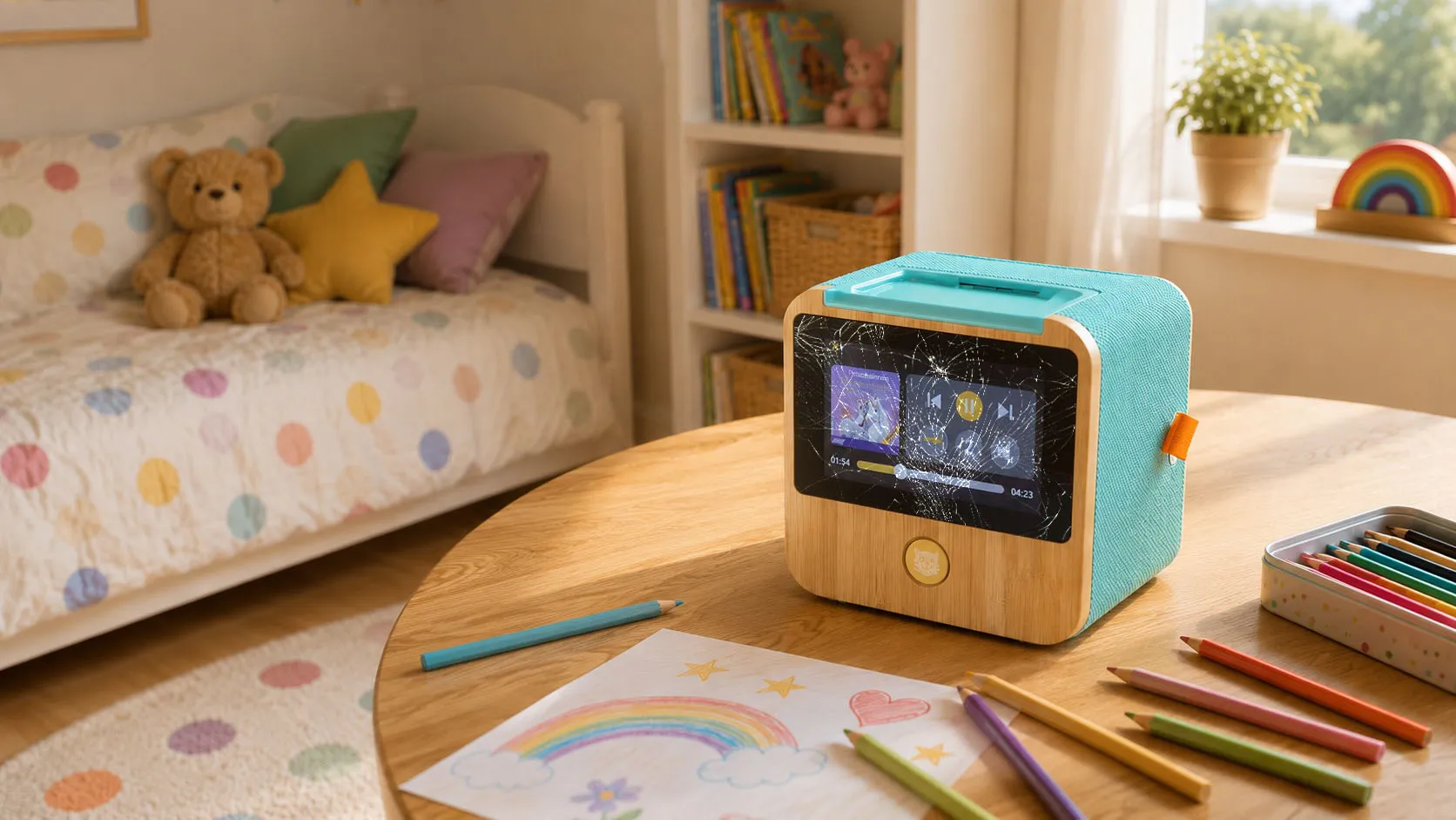 tigerbox TOUCH mit gesprungenem Display auf einem Tisch im Kinderzimmer